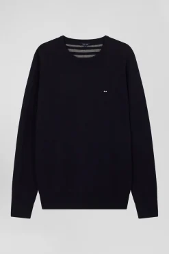 Regular navy blue wool and cotton crew neck jumper