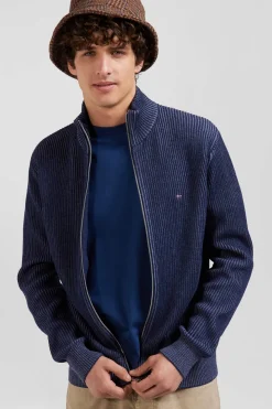 Regular navy blue wool and cotton zipped cardigan