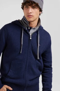 Regular navy blue wool and cotton knitted zip-up jumper
