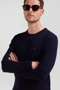 Regular navy blue wool and cotton crew neck jumper