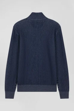 Regular navy blue wool and cotton zipped cardigan