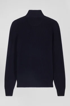 Regular navy blue wool and cotton high-neck jumper