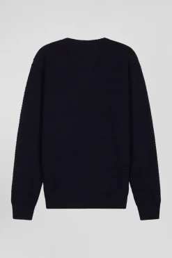 Regular navy blue wool and cotton crew neck jumper with micro bow tie effect