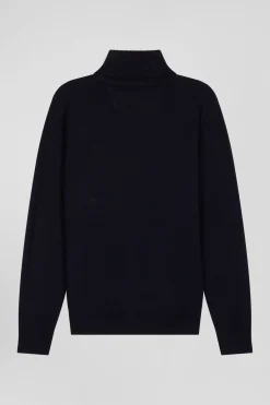 Regular navy blue wool and cotton turtleneck jumper