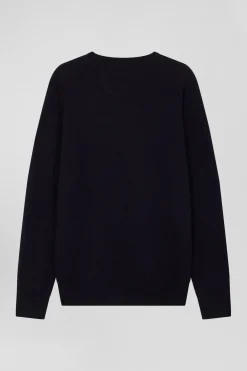 Regular navy blue wool and cotton crew neck jumper