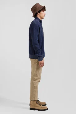 Regular navy blue wool and cotton zipped cardigan