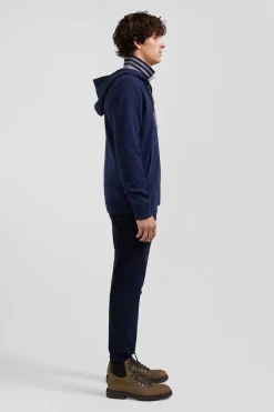 Regular navy blue wool and cotton knitted zip-up jumper