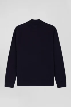 Regular navy blue wool and cotton high collar zipped cardigan