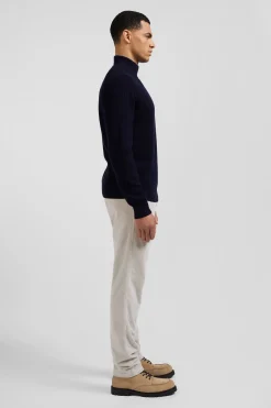 Regular navy blue wool and cotton high-neck jumper