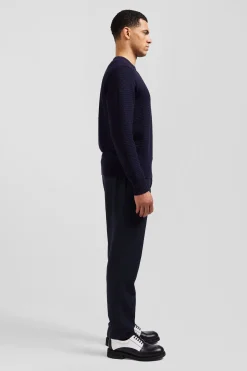 Regular navy blue wool and cotton crew neck jumper with micro bow tie effect