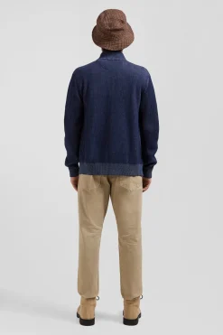 Regular navy blue wool and cotton zipped cardigan