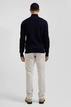Regular navy blue wool and cotton high-neck jumper