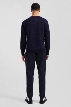 Regular navy blue wool and cotton crew neck jumper with micro bow tie effect