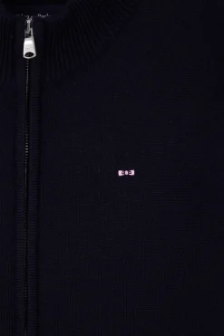 Regular navy blue wool and cotton high collar zipped cardigan