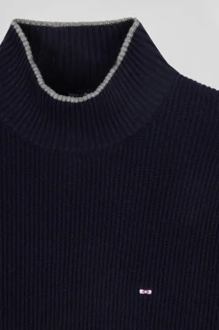 Regular navy blue wool and cotton high-neck jumper