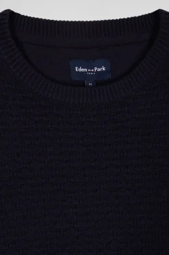 Regular navy blue wool and cotton crew neck jumper with micro bow tie effect
