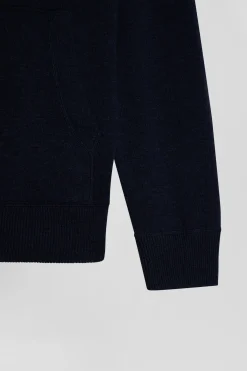 Regular navy blue wool and cotton knitted zip-up jumper