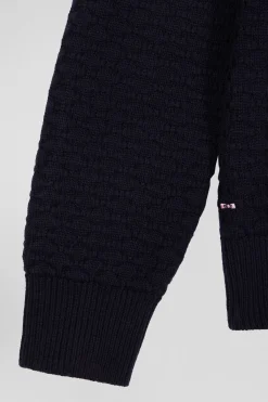 Regular navy blue wool and cotton crew neck jumper with micro bow tie effect