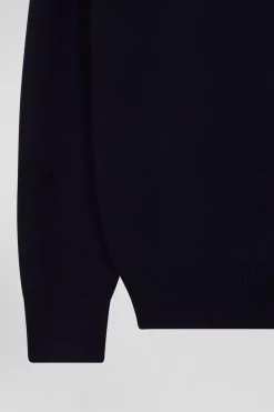 Regular navy blue wool and cotton crew neck jumper