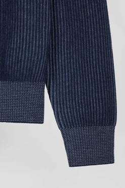 Regular navy blue wool and cotton zipped cardigan