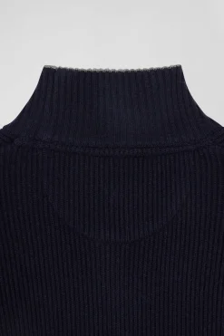 Regular navy blue wool and cotton high-neck jumper