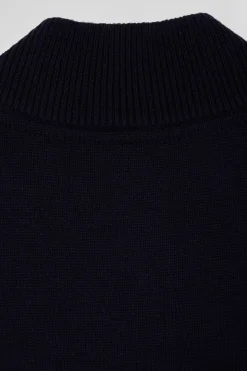 Regular navy blue wool and cotton high collar zipped cardigan