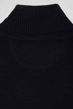 Regular navy blue wool and cotton turtleneck jumper