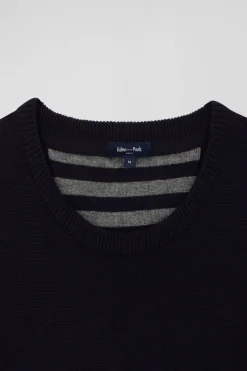 Regular navy blue wool and cotton crew neck jumper