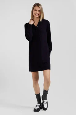 Regular navy blue wool dress with rugby shirt collar