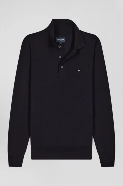 Regular navy blue wool jersey jumper with rugby shirt collar