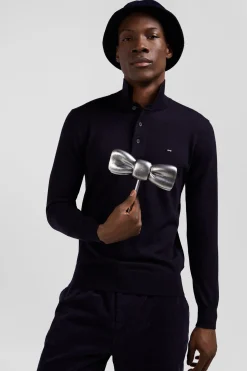 Regular navy blue wool jersey jumper with rugby shirt collar