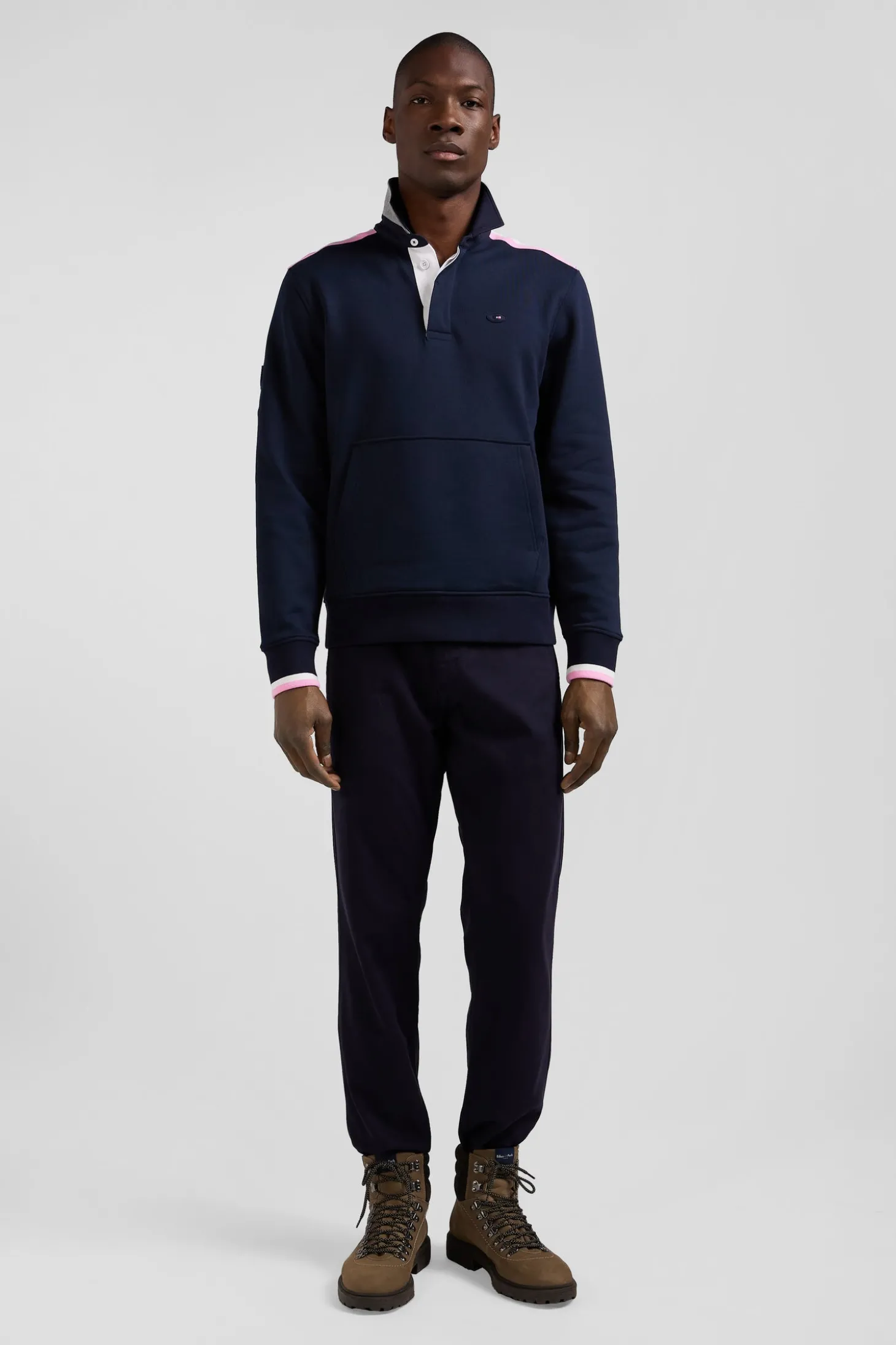 Regular navy blue XV de France cotton sweatshirt with rugby shirt collar