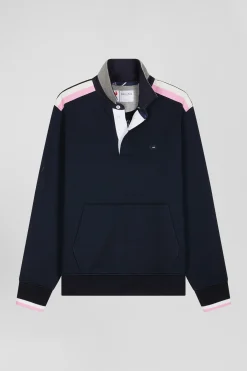 Regular navy blue XV de France cotton sweatshirt with rugby shirt collar