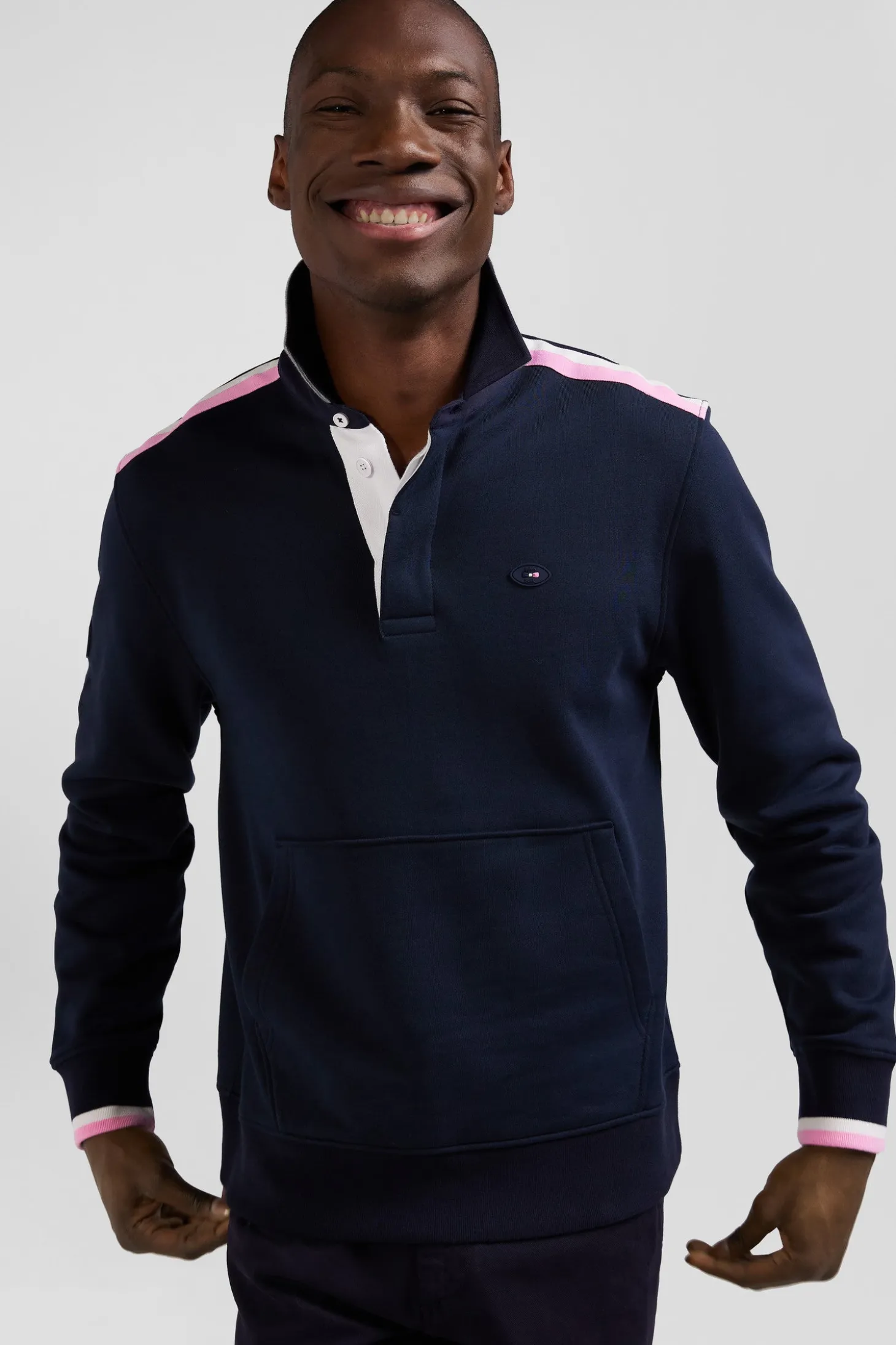Regular navy blue XV de France cotton sweatshirt with rugby shirt collar