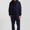 Regular navy blue zipped brushed cotton fleece hoodie