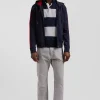 Regular navy blue zipped XV de France cotton blend hoodie