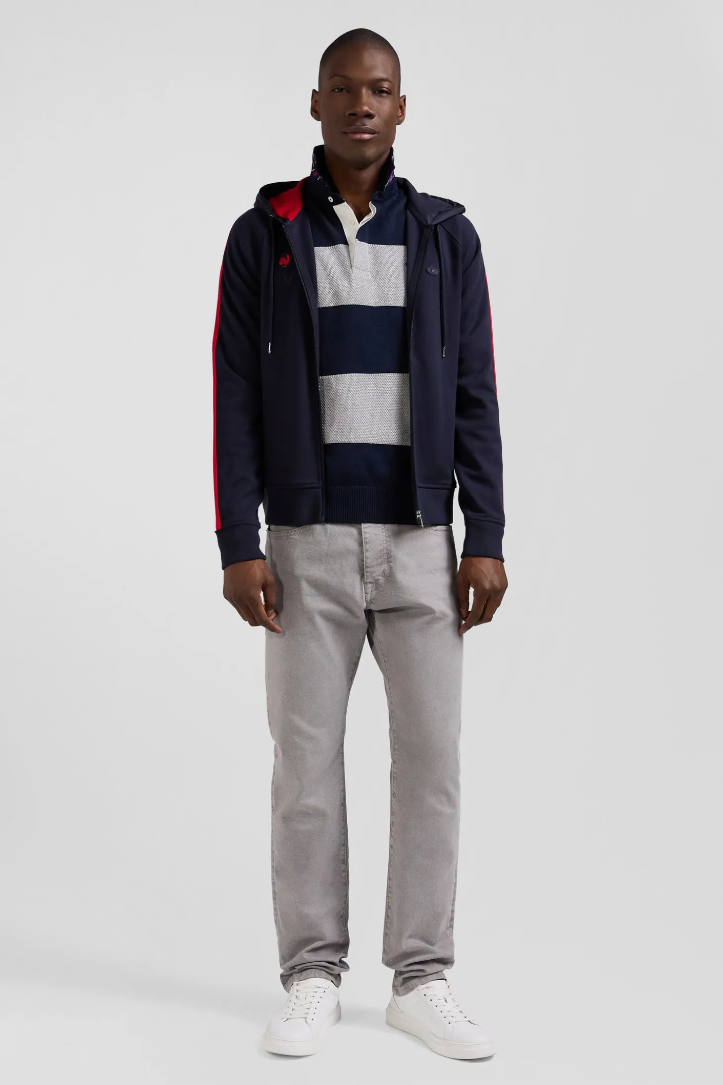 Regular navy blue zipped XV de France cotton blend hoodie