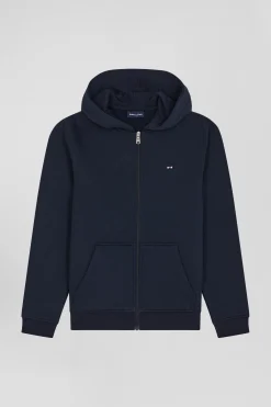 Regular navy blue zipped cotton hoodie