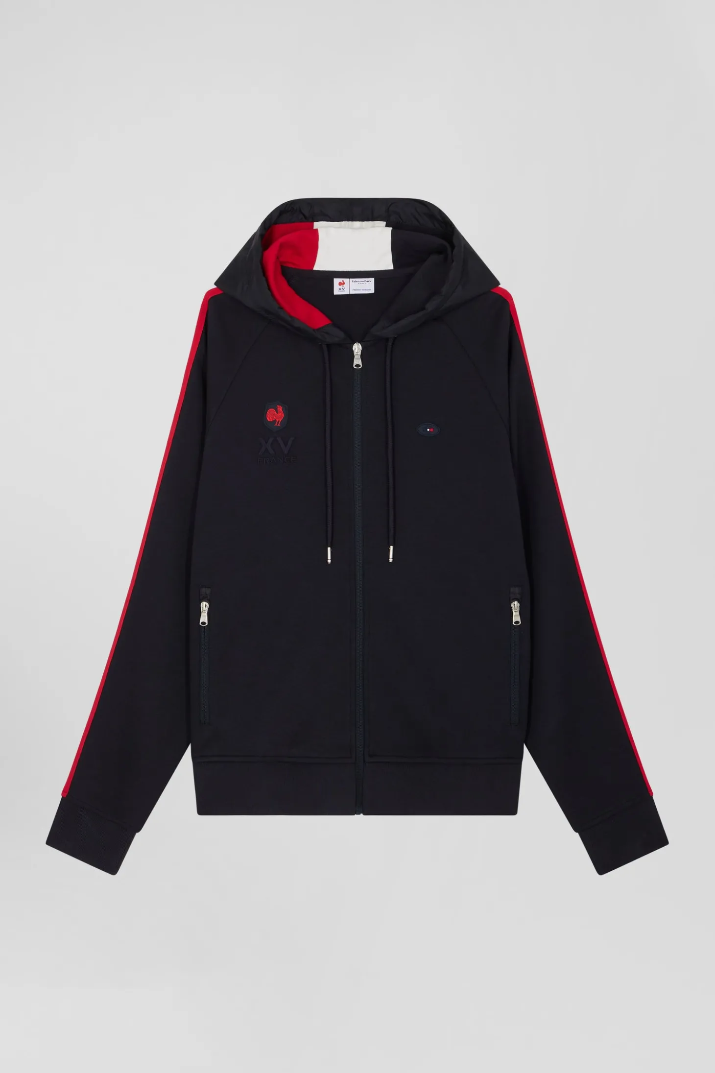 Regular navy blue zipped XV de France cotton blend hoodie
