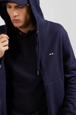 Regular navy blue zipped brushed cotton fleece hoodie