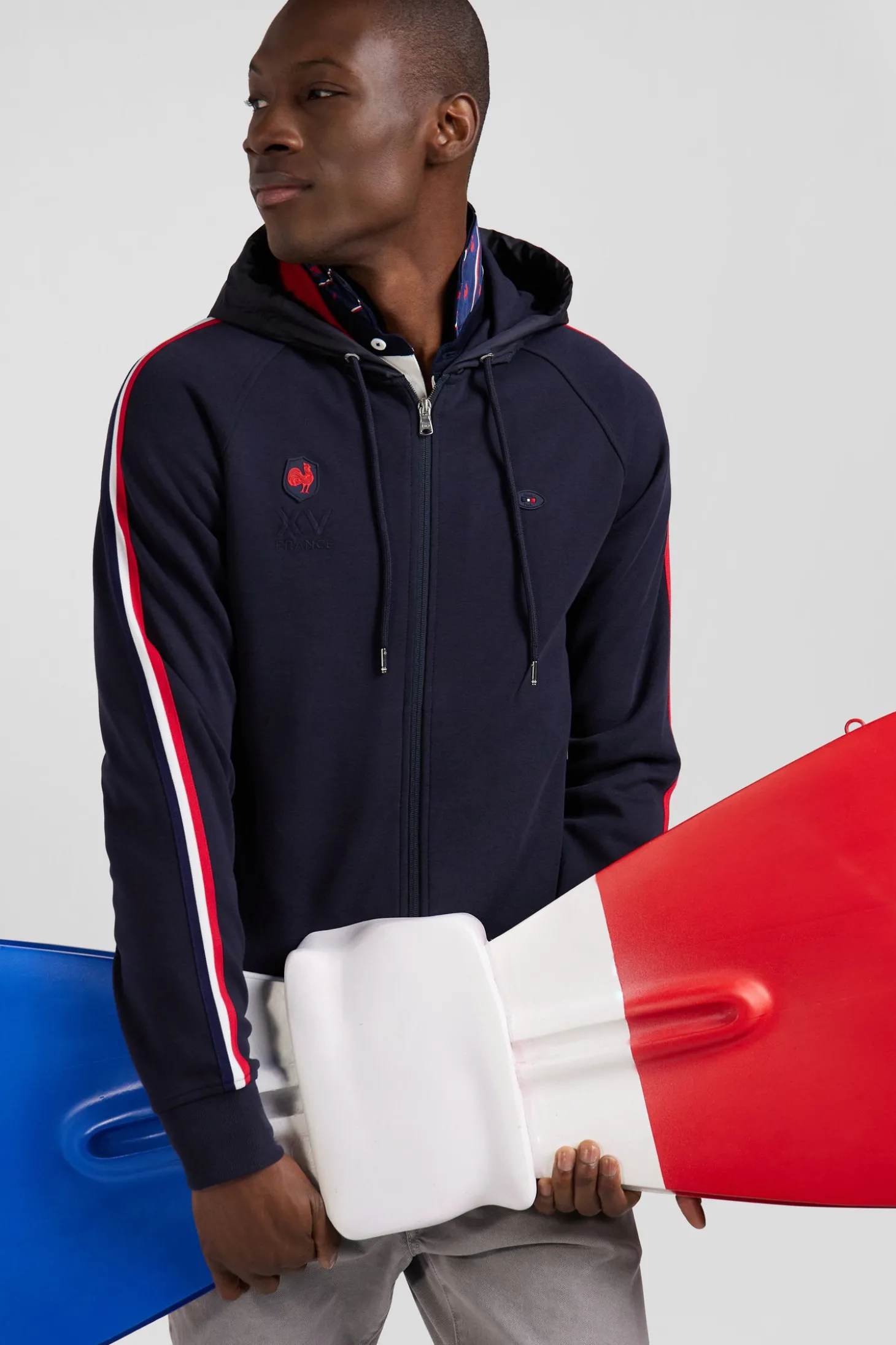 Regular navy blue zipped XV de France cotton blend hoodie