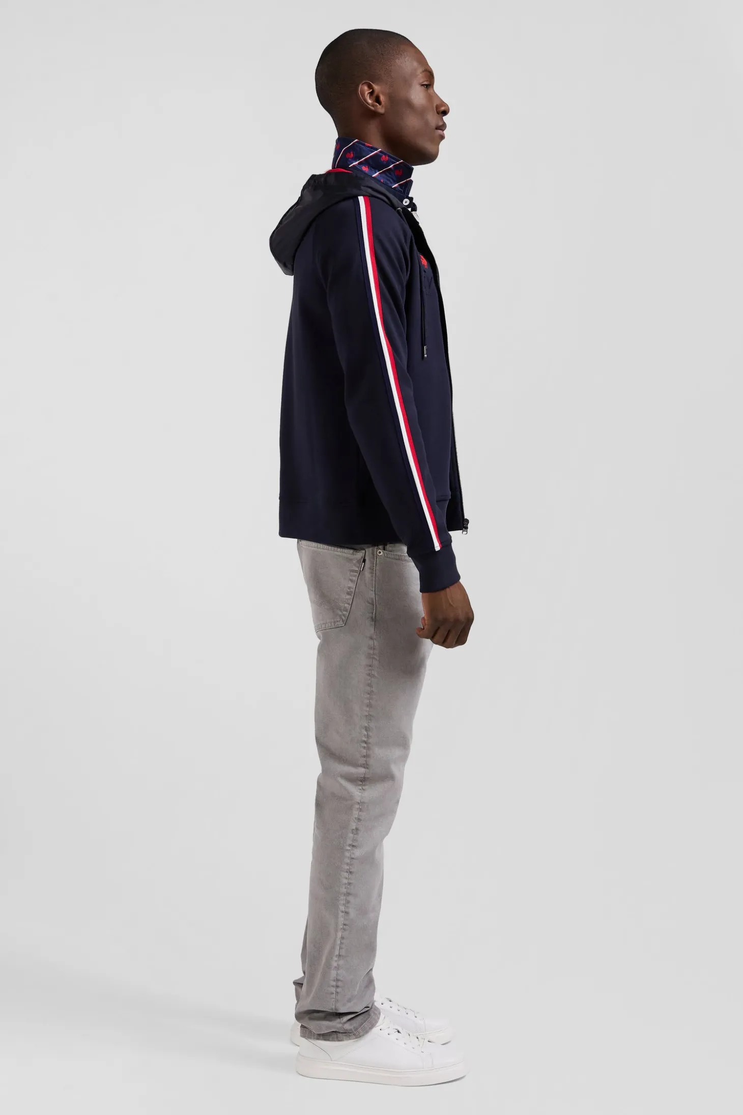 Regular navy blue zipped XV de France cotton blend hoodie