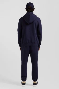 Regular navy blue zipped brushed cotton fleece hoodie
