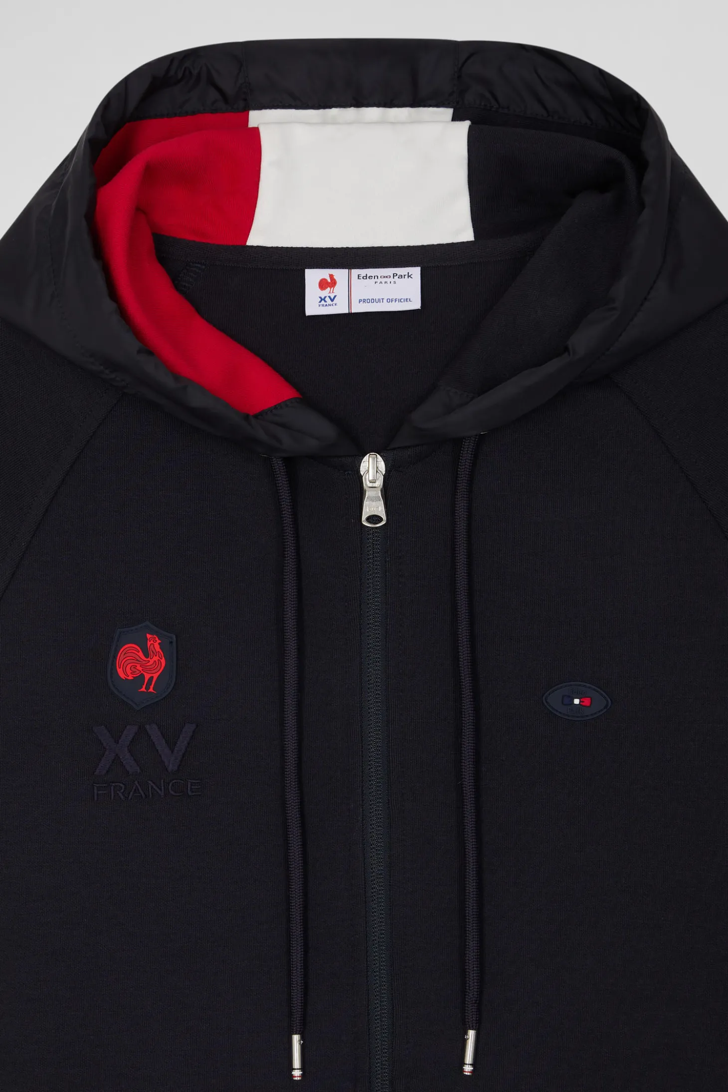 Regular navy blue zipped XV de France cotton blend hoodie
