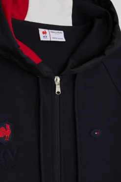 Regular navy blue zipped XV de France cotton blend hoodie