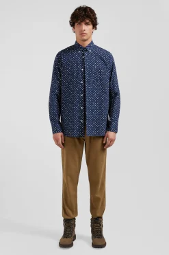 Regular navy cotton poplin shirt with micro floral print