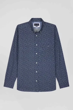 Regular navy cotton poplin shirt with micro floral print