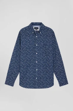 Regular navy cotton poplin shirt with micro floral print