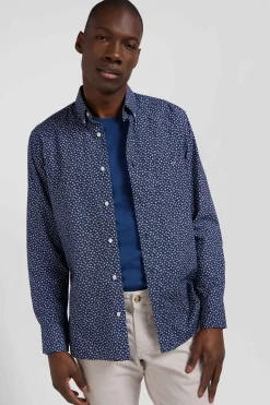 Regular navy cotton poplin shirt with micro floral print