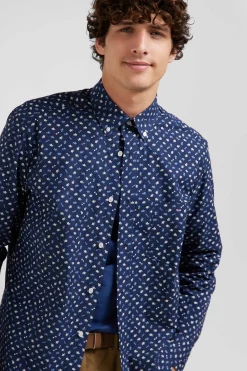 Regular navy cotton poplin shirt with micro floral print